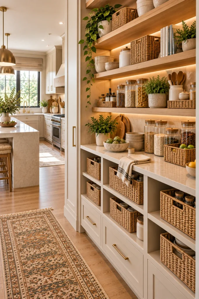 Organic-modern open pantry with warm wood shelves, woven natural baskets, ceramic containers, linen accents, glass jars, greenery, and neutral kitchen styling.