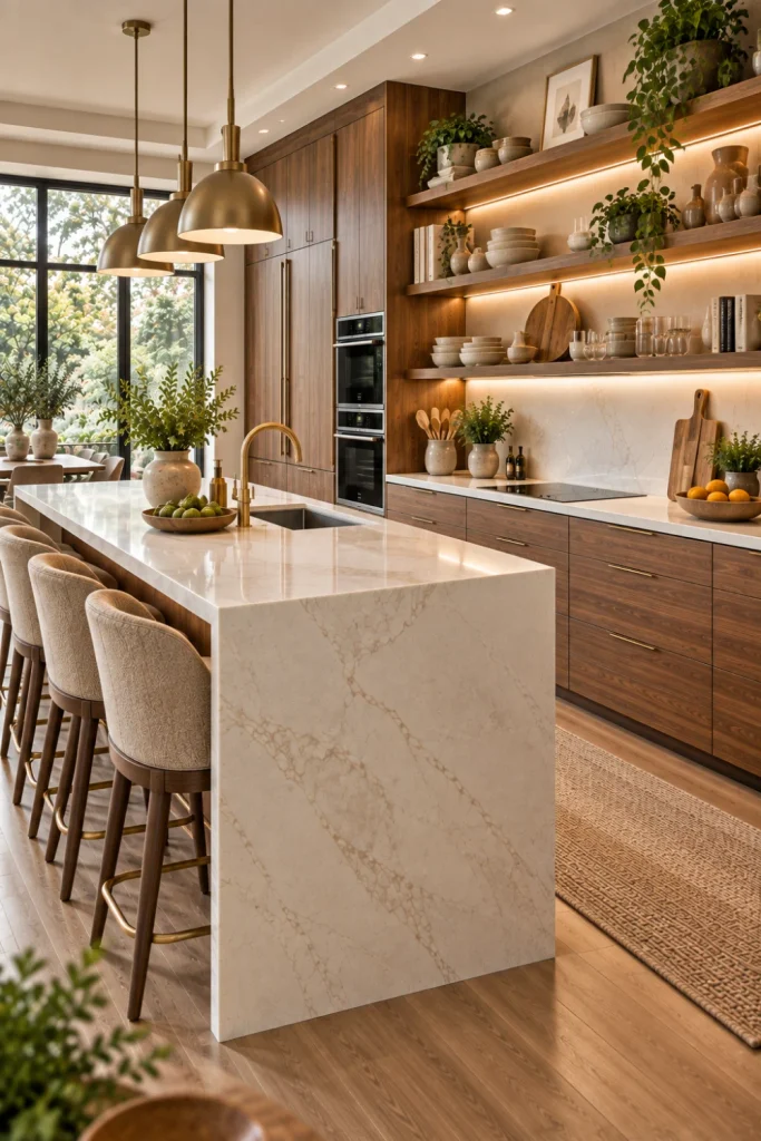 Open shelf and cabinet combinations in a luxurious modern kitchen with warm wood, styled ceramics, soft lighting, and elegant storage.