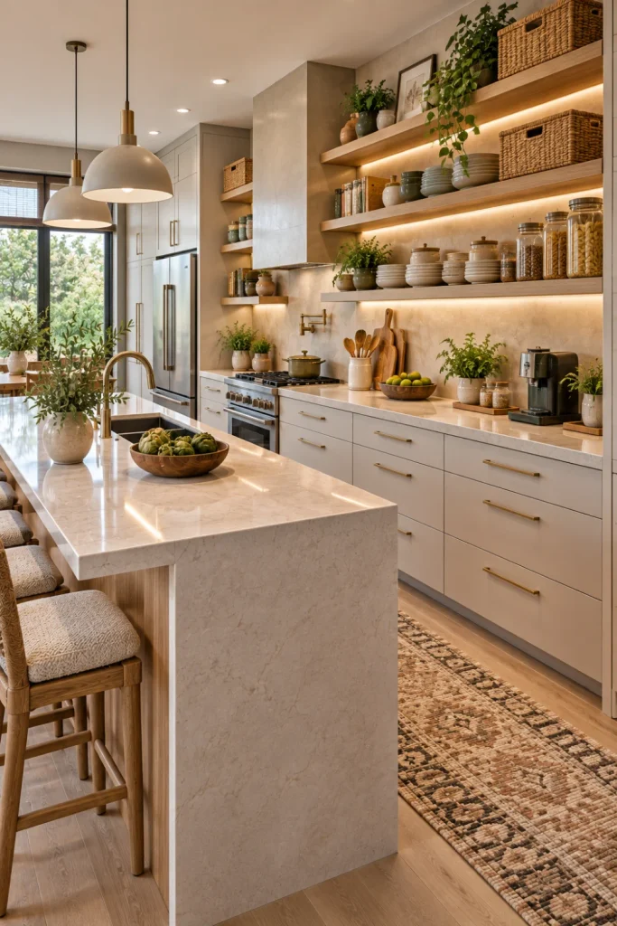 Modern open-shelf kitchen organizer with styled floating wood shelves, woven baskets, neutral storage bins, ceramic dishes, warm lighting, cream cabinetry, and contemporary decor.