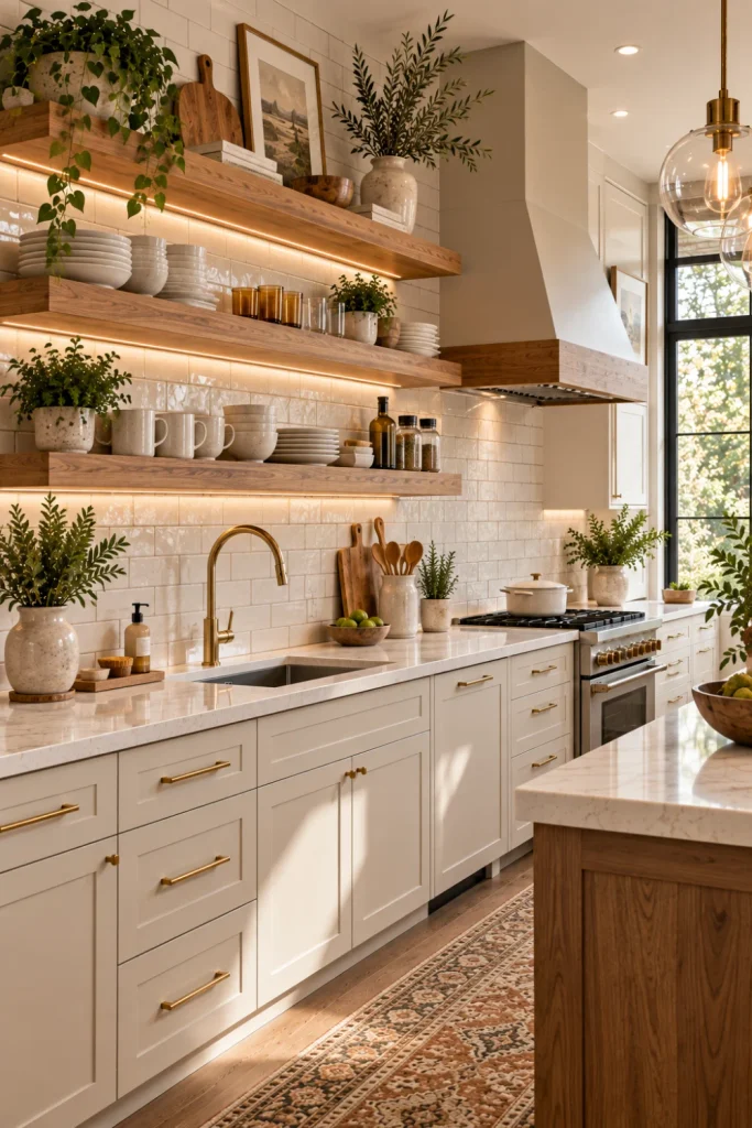 Natural wood open shelves mounted over a warm white subway tile backsplash, styled with neutral ceramics, glassware, greenery, and modern kitchen accessories.