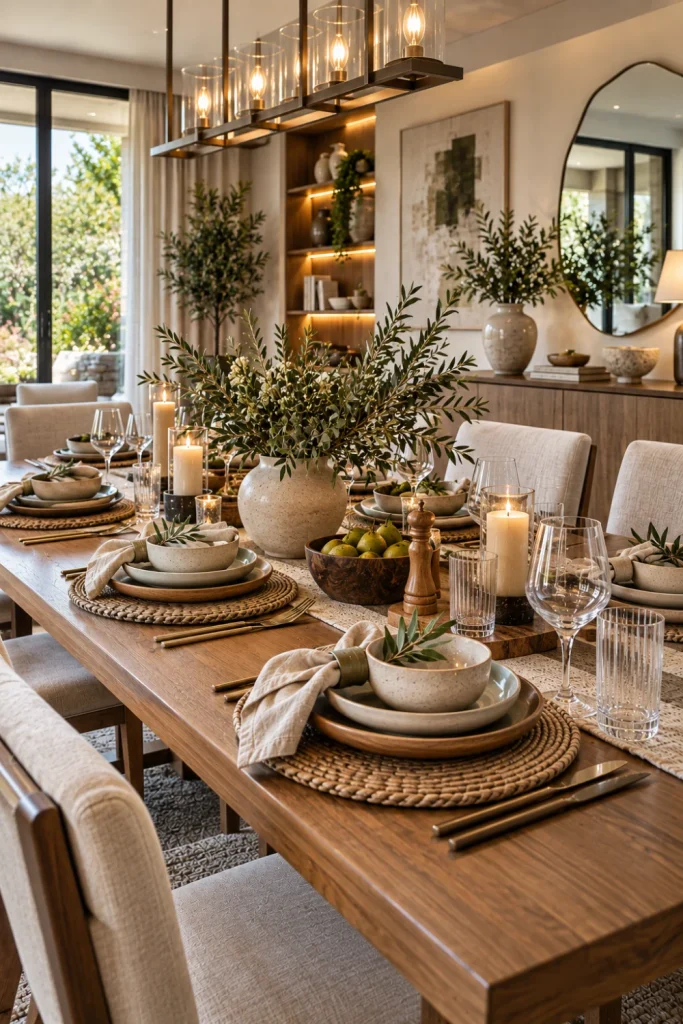 Organic modern dining table setting with stoneware, wood, woven textures, earthy colors, greenery, and contemporary luxury dining-room décor.