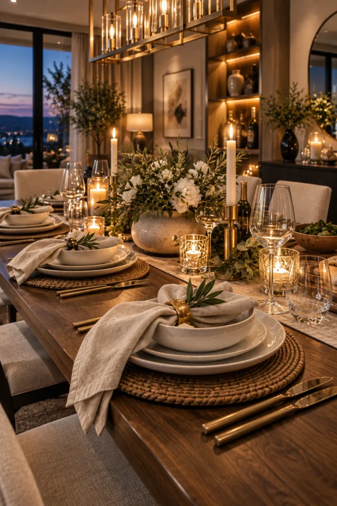 Organic modern dining table setting with stoneware, wood, woven textures, earthy colors, greenery, and contemporary luxury dining-room décor.