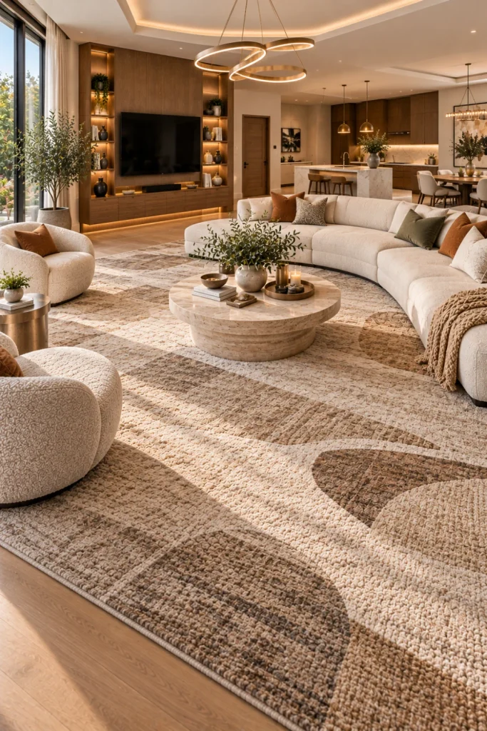 Oversized area carpet defining a luxurious open-plan modern living room with cream seating, walnut cabinetry, a wall-mounted TV, contemporary lighting, and coordinated décor.