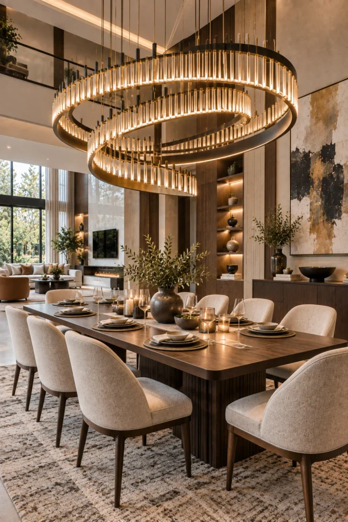 The oversized statement chandelier dramatically centered above a luxurious contemporary dining table with sculptural chairs, layered lighting, modern cabinetry, and elegant neutral decor.