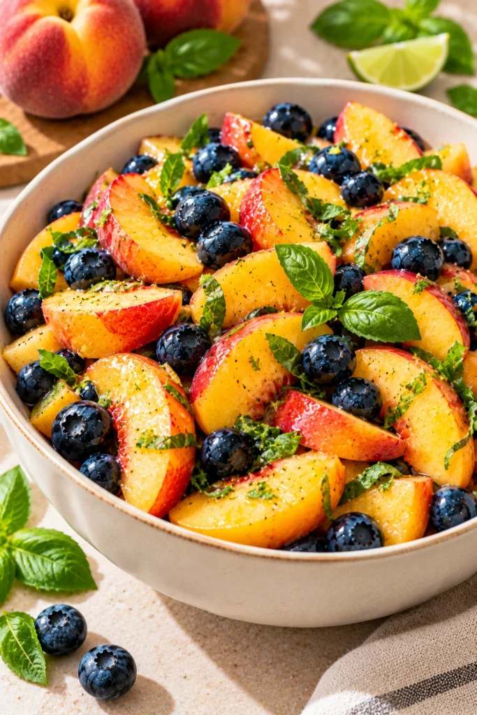 Peach and blueberry fruit salad with fresh peach slices, blueberries, basil, lime juice, and honey served in a modern ceramic bowl.