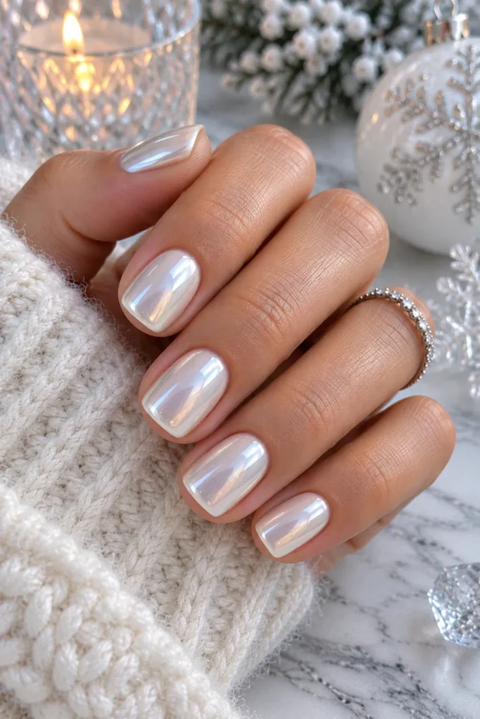 Pearl white chrome short nails with a luminous icy finish, refined glossy shine, and contemporary winter styling for 2026.