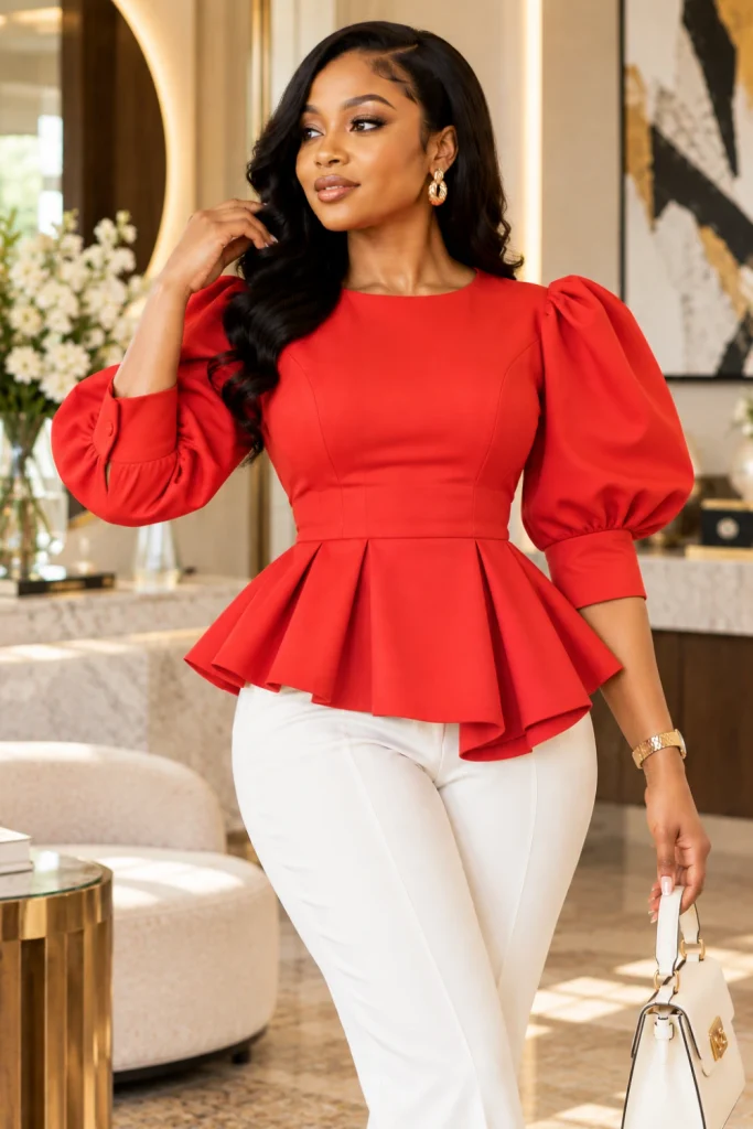 Stylish peplum blouse with modern puff sleeves and clean tailoring, showcasing chic peplum tops and tailored blouse sewing ideas in a vibrant contemporary fashion look.