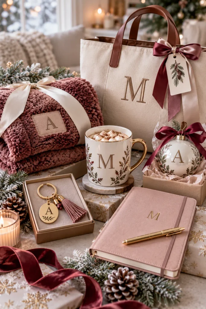 Personalized winter gift display with monogrammed mug, custom blanket, name ornament, engraved keychain, journal, and personalized tote.