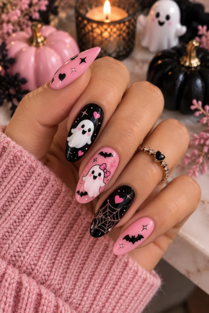 Cute pink and black Halloween ghost nails with playful miniature spirits, hearts, and modern glossy 2026 nail art.