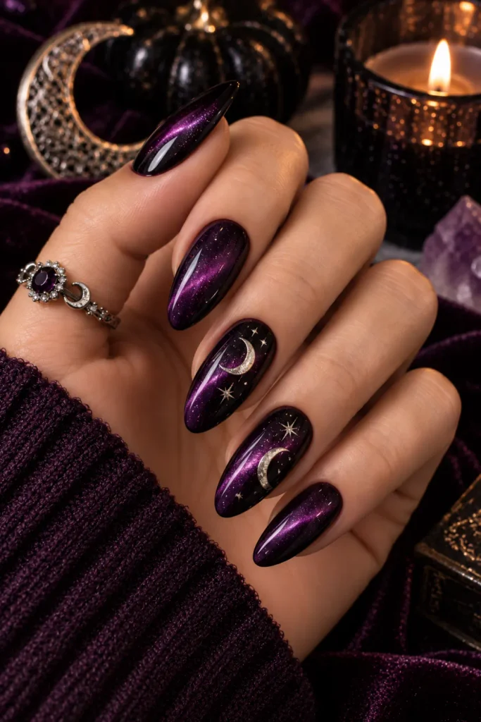 Deep plum cat-eye Halloween nails with glowing magnetic shimmer and elegant crescent moon details in a modern 2026 manicure.