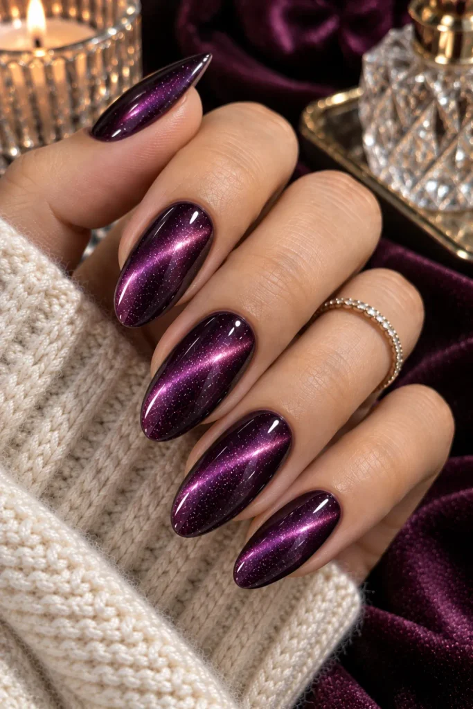 Plum purple cat-eye winter nails with rich berry magnetic shimmer, glossy almond shape, and elegant jewel-toned luxury styling.