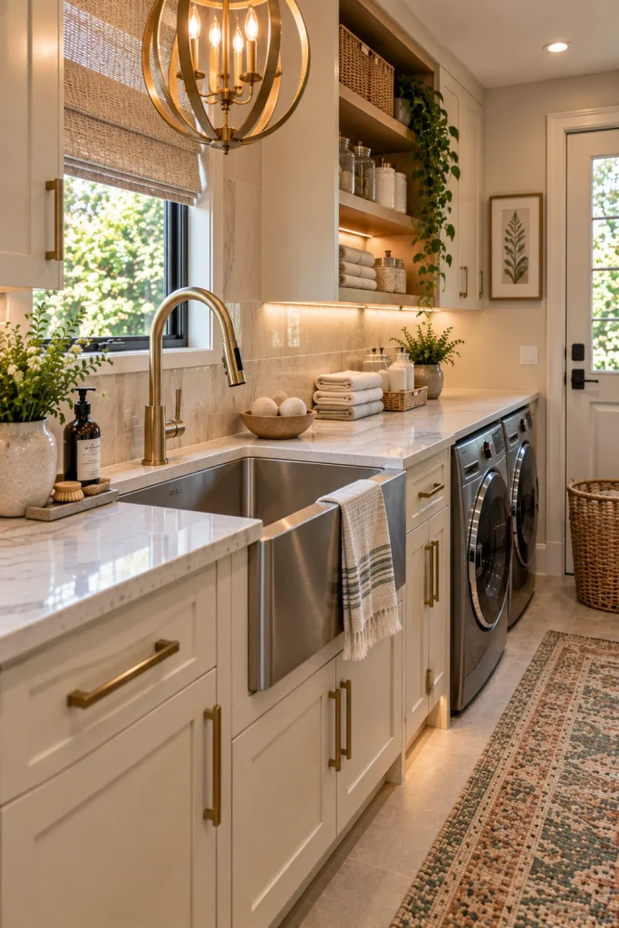 Elegant modern laundry room with a polished utility wash tub sink, pull-down faucet, sculptural statement light, warm cabinetry, stone countertop, patterned backsplash, woven rug, and contemporary decor.