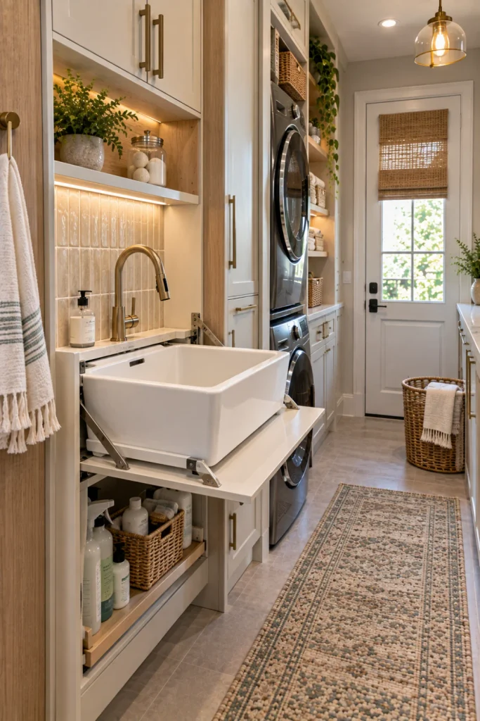 Space-saving modern laundry room with a compact fold-down wash tub basin hidden within a slim cabinet, light wood storage, brass faucet, textured tiles, woven basket, and soft lighting.