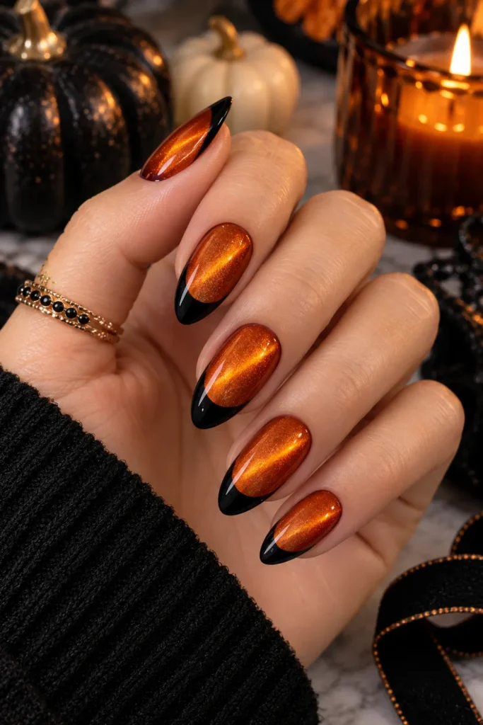 Vibrant pumpkin orange cat-eye Halloween nails with magnetic shimmer and sleek black French tips in a chic 2026 manicure.