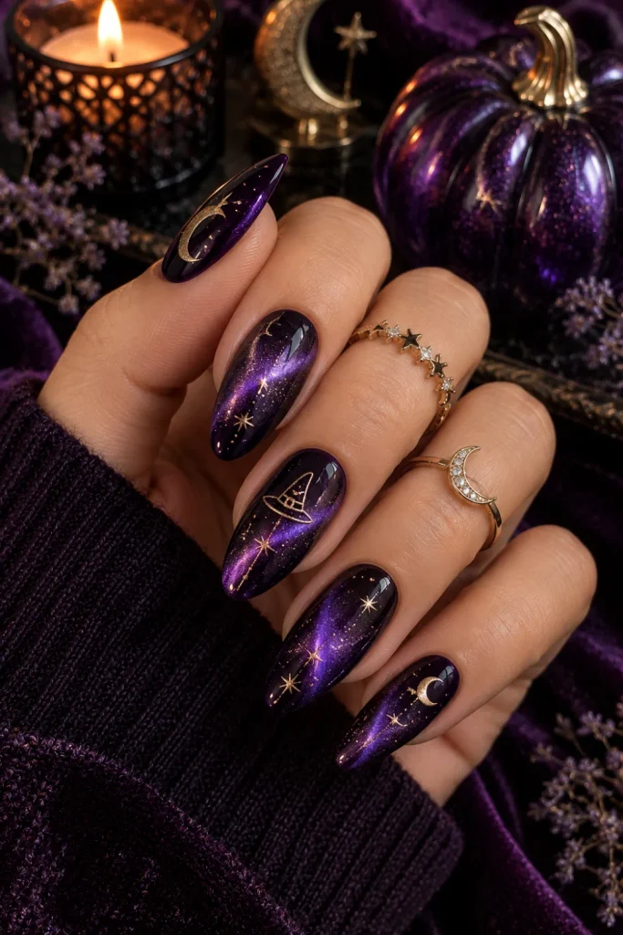 Purple velvet cat-eye witchy Halloween nails with magnetic shimmer, tiny celestial accents, and a luxurious modern 2026 finish.