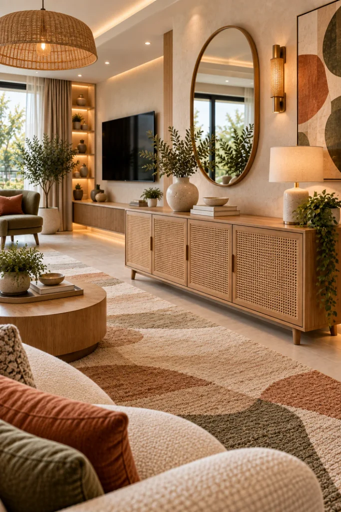 Rattan accent console cabinet with natural woven doors, warm neutral furniture, contemporary lighting, greenery, and colorful modern living room décor.