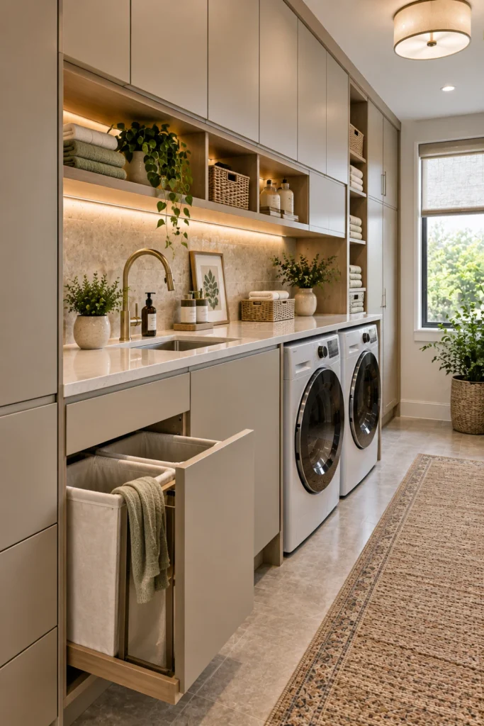 Sleek modern laundry room with streamlined dryer venting, concealed cabinet pulls, integrated lighting, built-in cabinetry, and a clean minimalist finish.