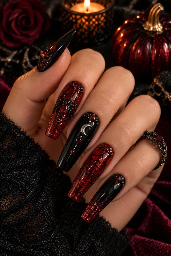 Red and black coffin chunky Halloween nails with bold glitter, 3D embellishments, and dramatic modern 2026 styling.