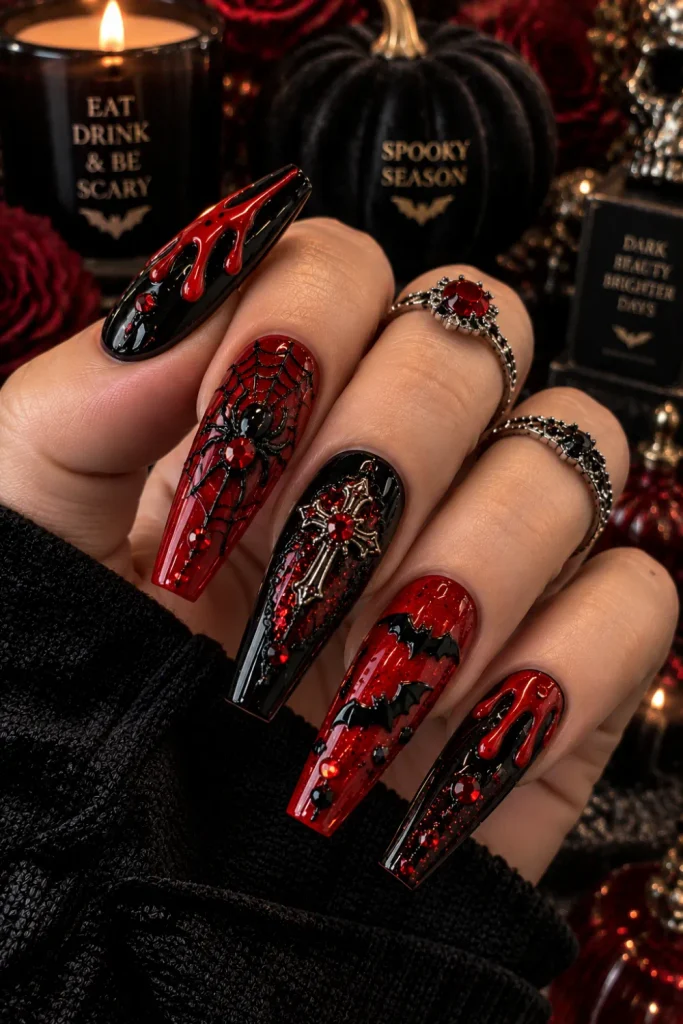 Red and black coffin chunky Halloween nails with glossy deep red polish, black accents, rhinestones, glitter, and bold dimensional Halloween details.