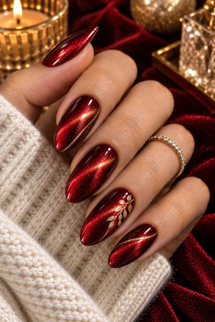 Red and gold cat-eye winter nails with rich ruby magnetic shimmer, delicate gold accents, glossy almond shape, and festive luxe styling.