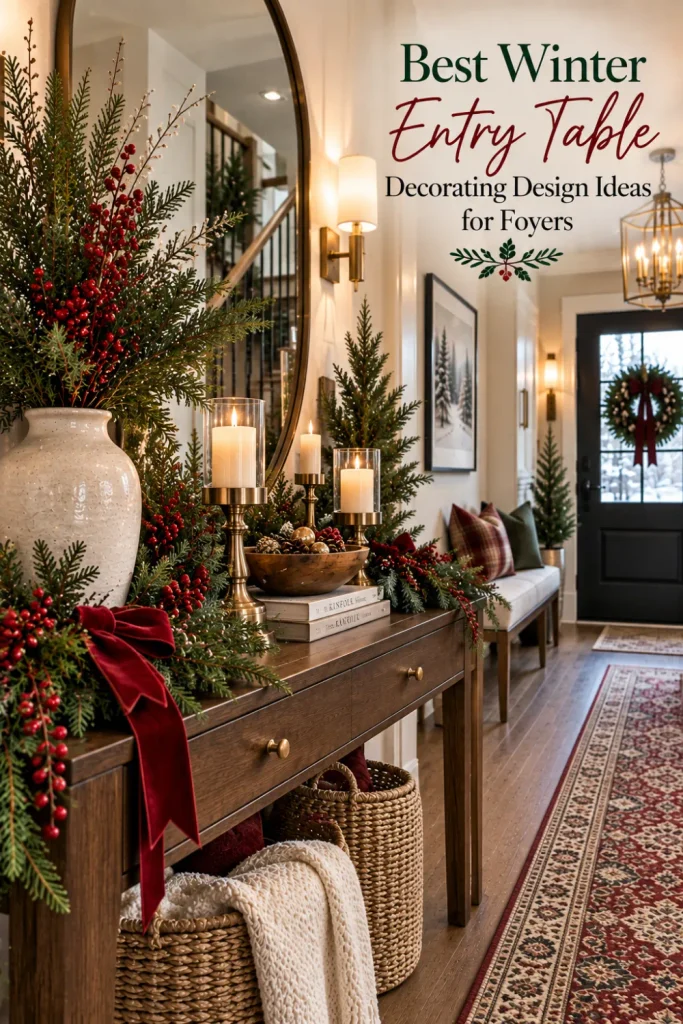 Red and green winter entry table with evergreen garland, red berries, brass accents, candles, and classic holiday-inspired foyer decor.