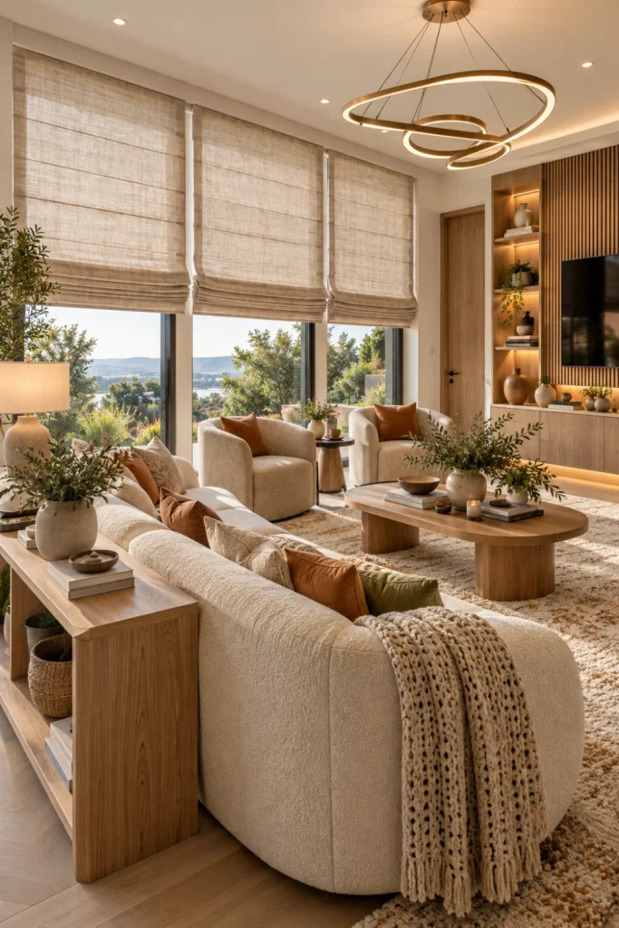 Elegant contemporary living room with relaxed oatmeal linen Roman shades covering large windows, cream seating, a natural oak coffee table, textured carpet, fluted wood television wall, warm cabinetry lighting, and sophisticated neutral decor.
