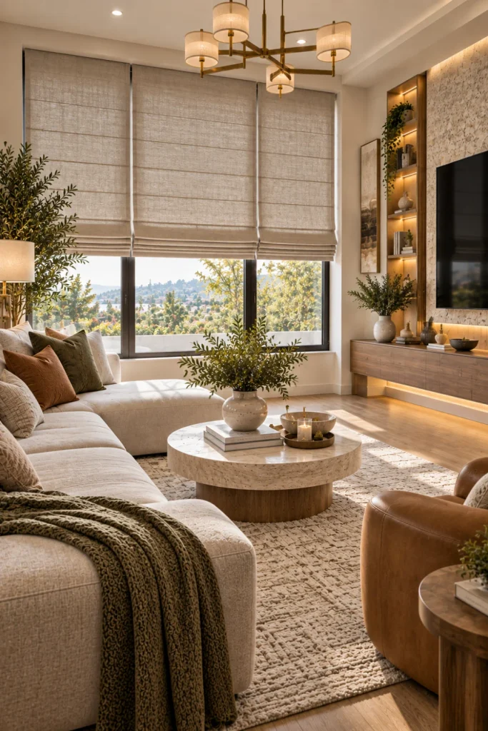 Elegant modern living room with tailored Roman blinds, cream sectional seating, warm wood cabinetry, textured rug, luxury chandelier, and contemporary décor.