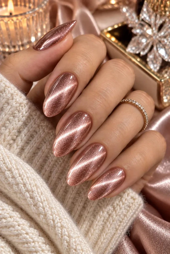 Rose gold cat-eye winter nails with delicate fine glitter, soft metallic magnetic shimmer, glossy almond shape, and elegant contemporary styling.