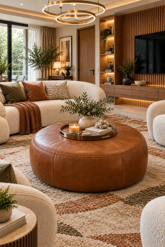 Round caramel leather ottoman coffee table surrounded by cream contemporary seating in a stylish conversation layout with an organic rug, fluted oak wall, mounted TV, warm illuminated cabinets, modern chandelier, and elegant accessories.
