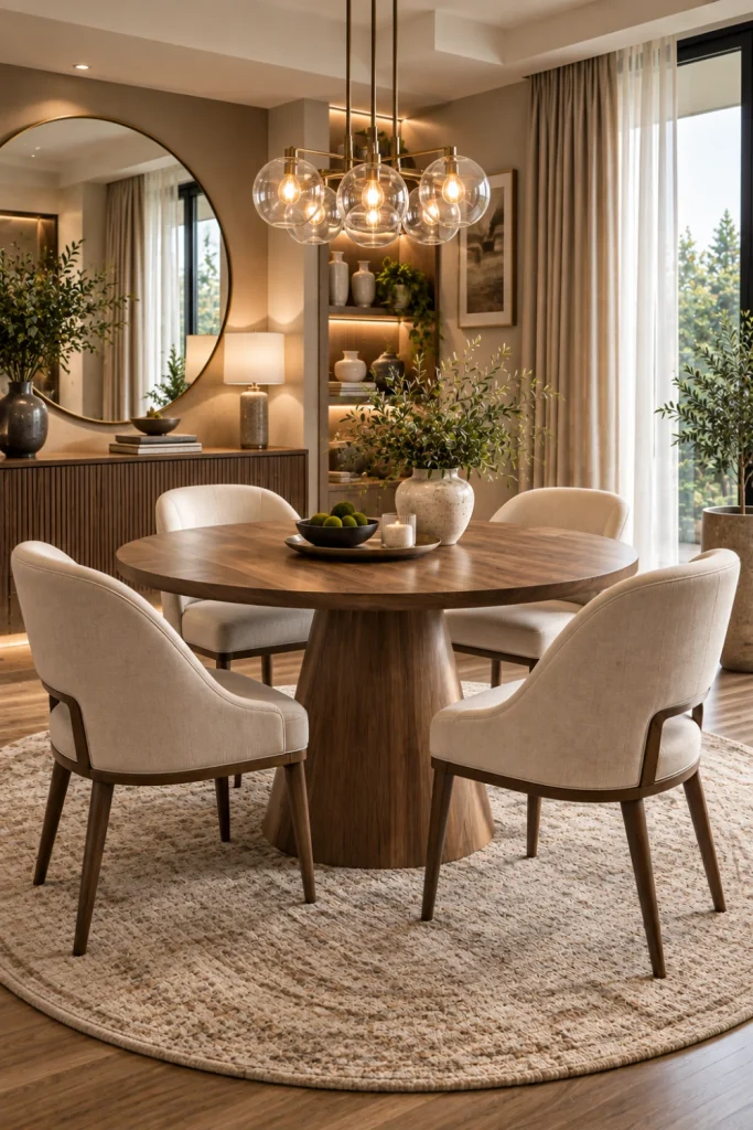 Round pedestal dining room set with curved chairs, an elegant chandelier, a mirror, and compact luxury dining décor.