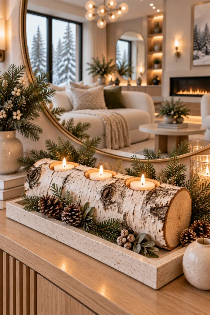 Rustic birch log candle holder with ivory LED candles, evergreen, pinecones, and modern winter styling on a contemporary 2026 console.