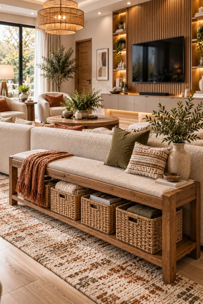Warm rustic-modern living room with a natural wood bench and woven storage baskets, cream sofa, textured area rug, illuminated cabinetry, modern TV wall, and earthy décor.