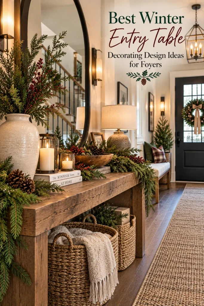 Rustic winter entry table styled with lush cedar garland, woven baskets, pinecones, warm wood, and modern farmhouse foyer decor.