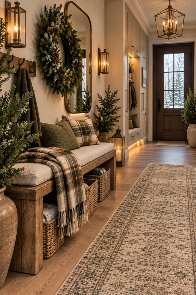 Rustic winter entryway with weathered wood bench, natural wreath, woven baskets, plaid throw, vintage lantern, modern mirror, and warm lighting.