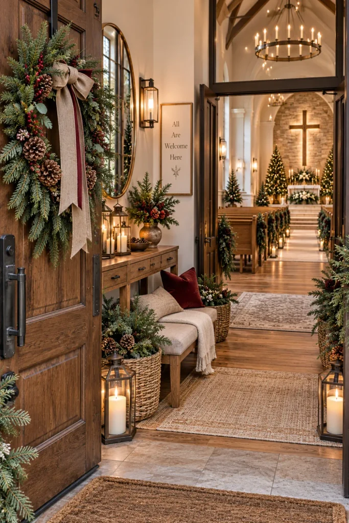 Rustic winter woodland church entrance with evergreen wreath, pinecones, lanterns, natural wood, modern seating, and cozy seasonal décor.