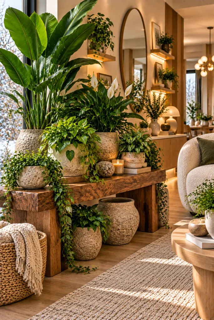 Rustic wood and stone plant display with ceramic planters, lush greenery, warm natural textures, modern furniture, and cozy winter lighting.