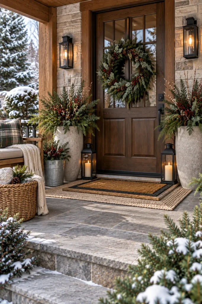 Rustic wood and stone winter front porch with evergreen branches, stone planters, galvanized accents, lanterns, and woven textures.