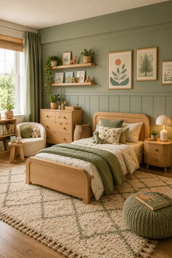 Modern sage green kids’ room with natural wood furniture, cream textiles, woven baskets, playful artwork, and fresh 2026 bedroom styling.