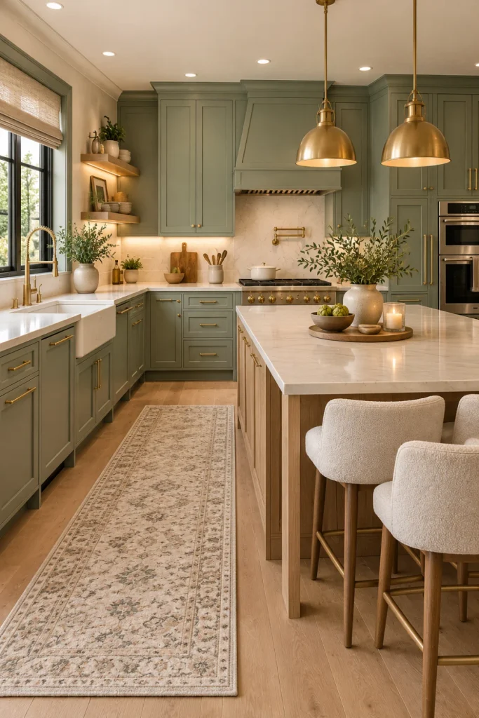 Modern sage green painted kitchen cabinets with brass hardware, cream quartz countertops, warm oak island, natural decor, pendant lighting, and elegant contemporary finishes.