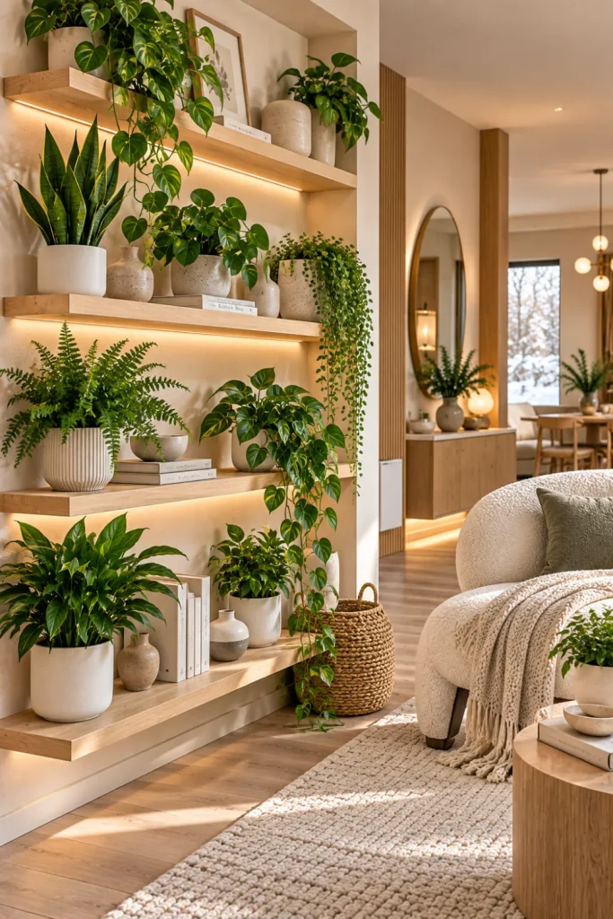 Scandinavian indoor plant shelves with green houseplants, light wood, simple ceramics, neutral decor, and modern Nordic winter styling.