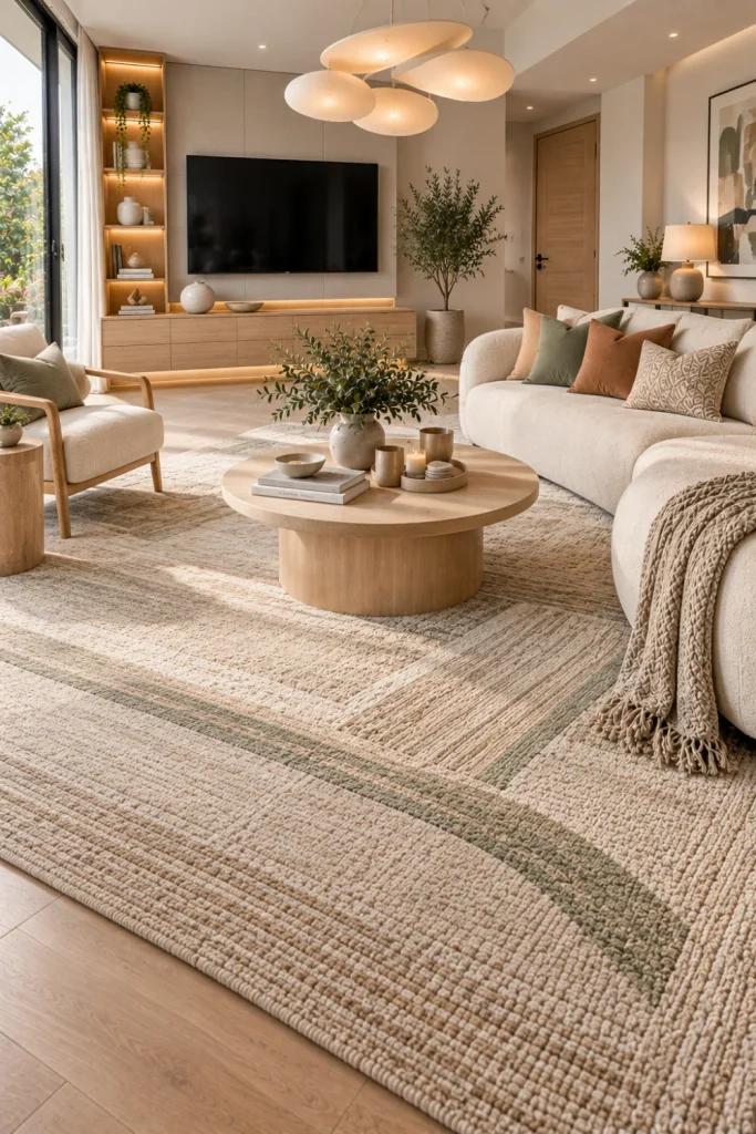 Scandinavian minimal carpet in a bright contemporary living room with pale wood furniture, cream seating, soft natural textures, modern cabinetry, and understated lighting.