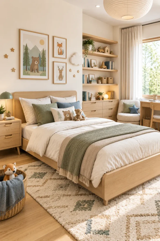 Scandinavian-inspired neutral boy’s room with pale oak furniture, cream textiles, soft beige colors, smart storage, and modern 2026 kid-friendly decor.