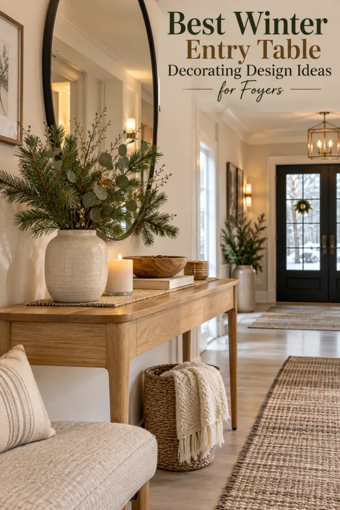 Scandinavian winter entry table with warm wood, minimal pine greenery, neutral decor, ceramic vase, candle, and modern foyer styling.