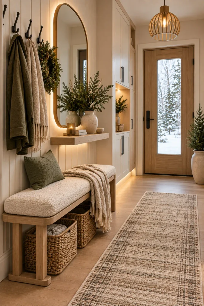 Scandinavian winter entryway with a light wood bench, cream textiles, minimal evergreen décor, woven storage, modern mirror, and warm contemporary lighting.