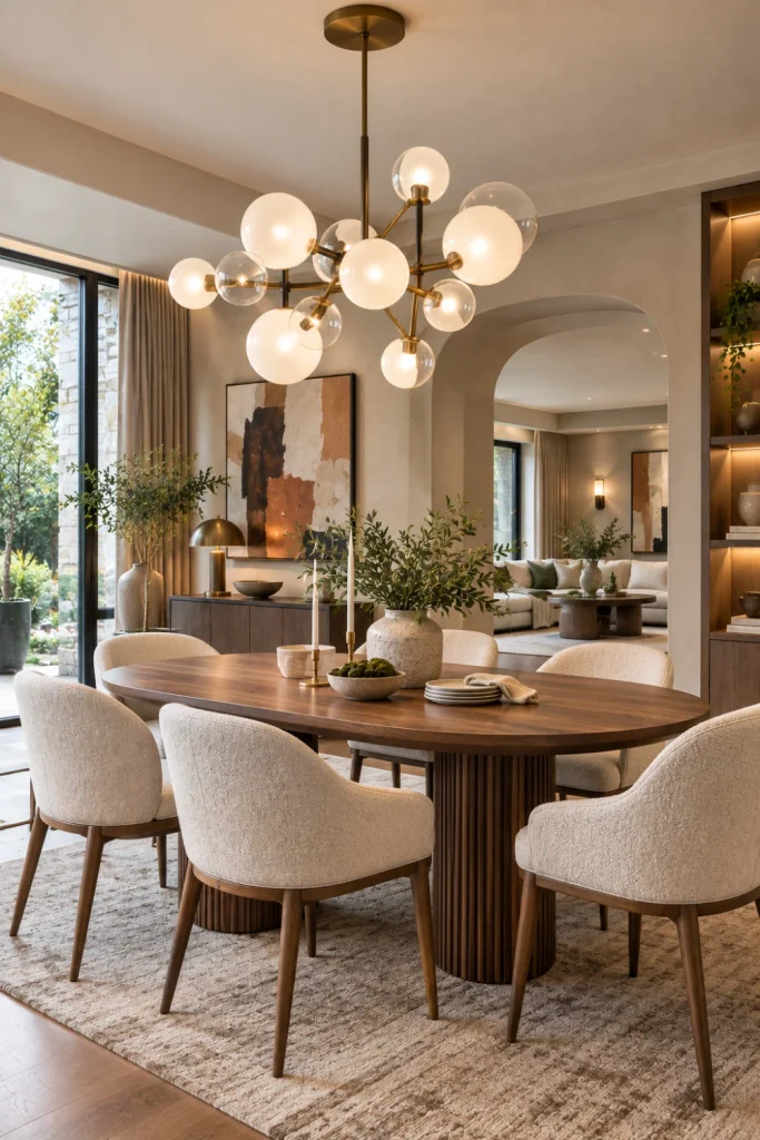 Sculptural globe chandelier with elegant glass spheres above a modern dining table in a bright contemporary luxury dining room with warm neutral colors and designer decor.