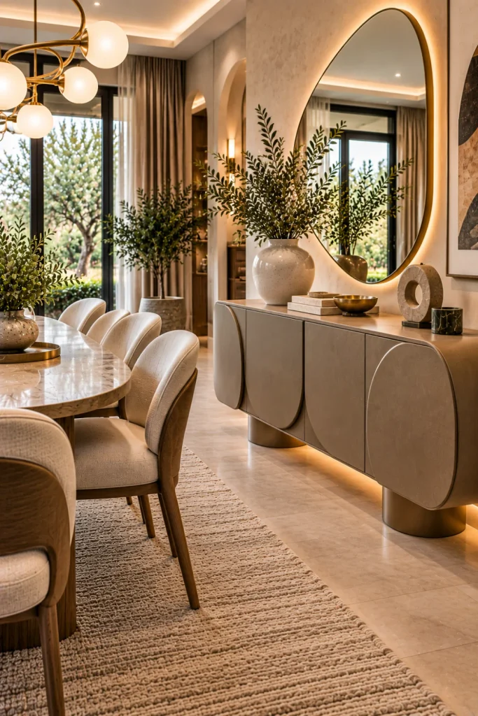 Sculptural modern dining room sideboard with artistic curved design, elegant dining furniture, statement mirror, contemporary lighting, and luxury decor.