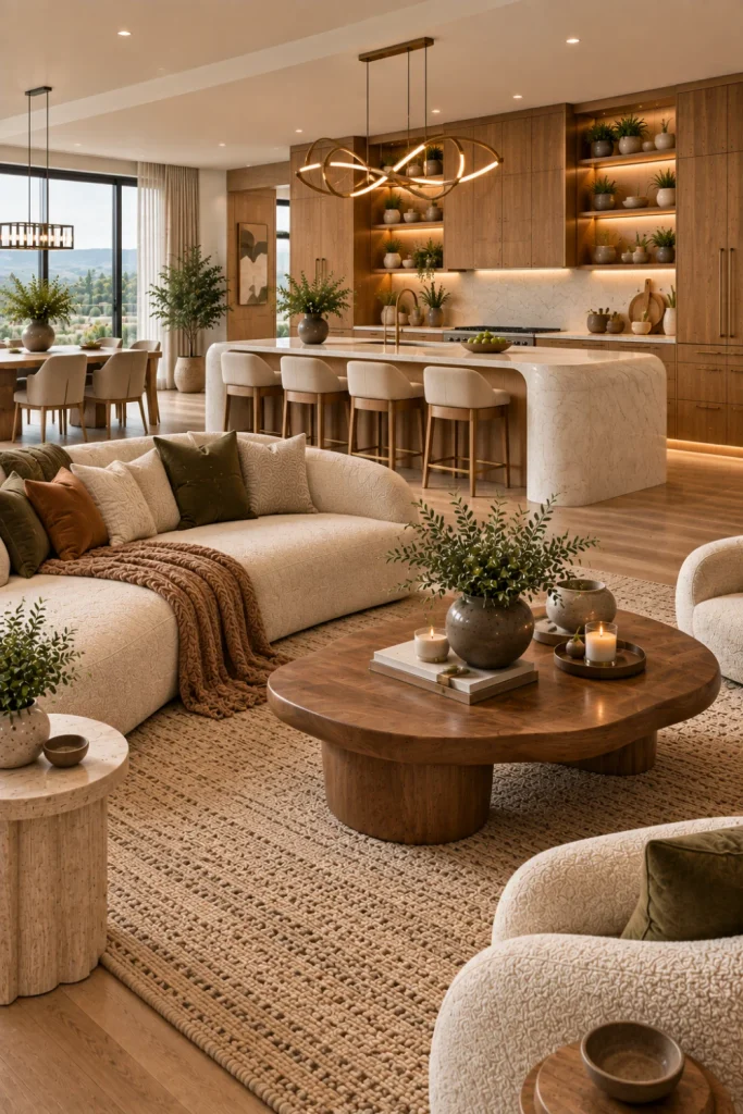 Sculptural modern open-concept kitchen and living room with curved stone island, warm wood cabinetry, sophisticated neutral seating, statement lighting, layered textures, and elegant contemporary decor.