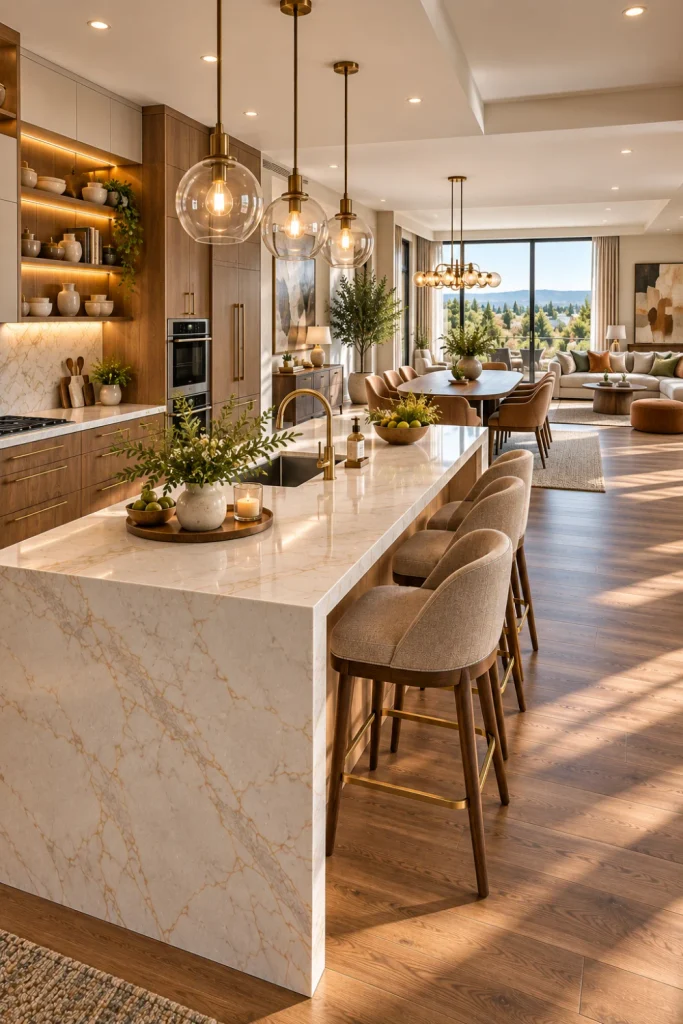 Seamless modern open kitchen connected to dining and living areas with warm wood cabinetry, luxury island, layered lighting, and elegant contemporary decor.