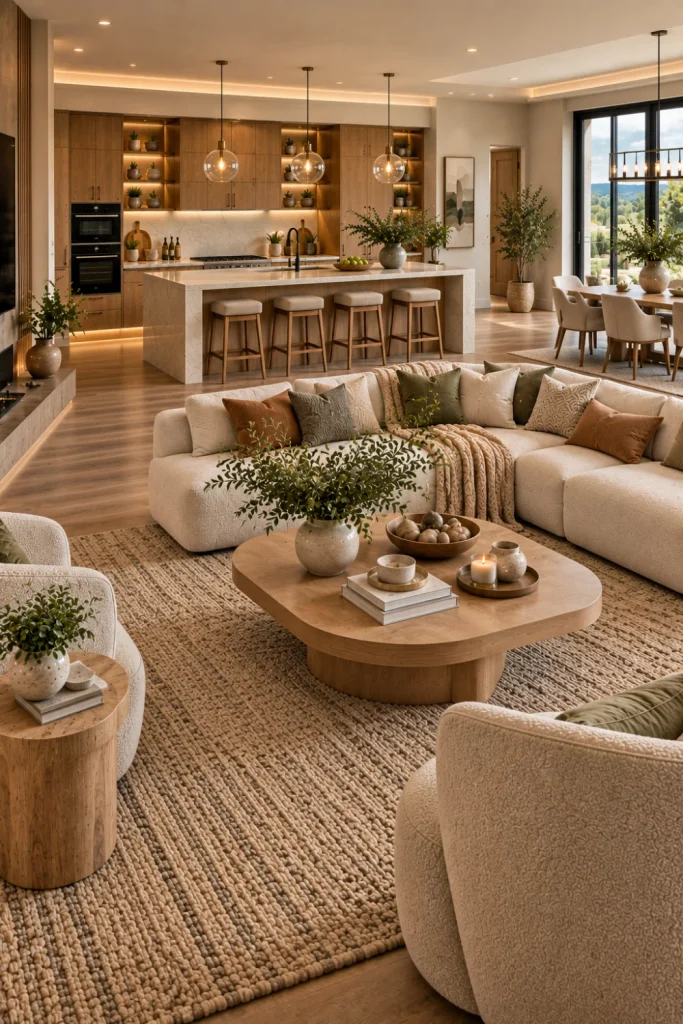 Modern open-concept kitchen and living room with smart zoning, a functional island, clear walkways, a defined area rug, warm oak cabinetry, cream seating, layered lighting, and cohesive contemporary decor.