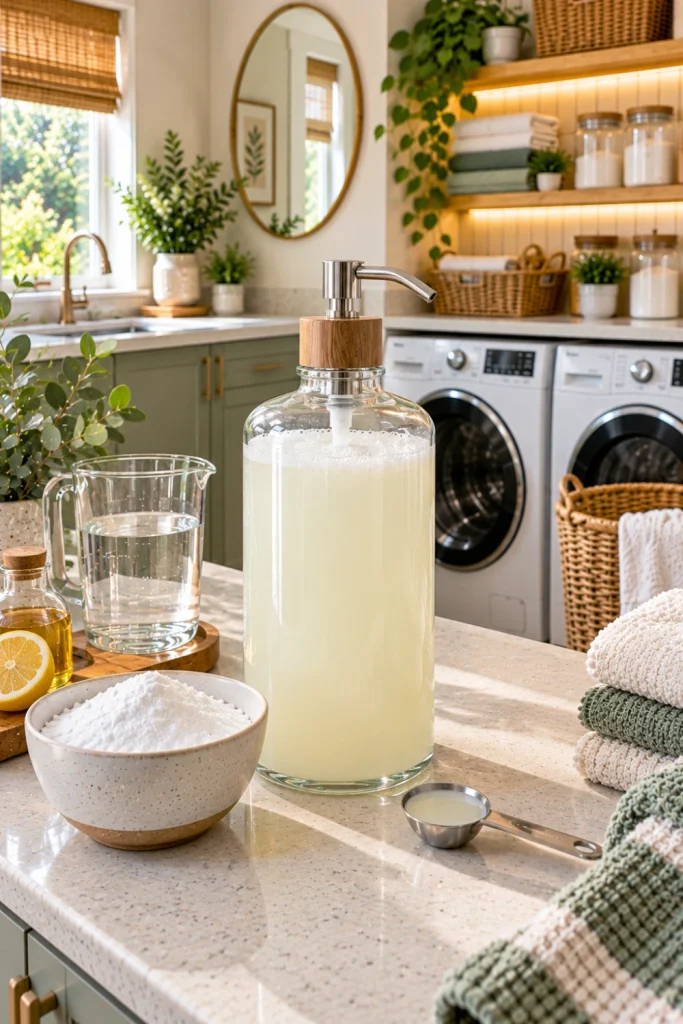 Modern laundry room featuring a simple homemade liquid detergent in a reusable dispenser with biodegradable-inspired natural styling, baking soda, warm water, clean towels, and organized cabinetry.